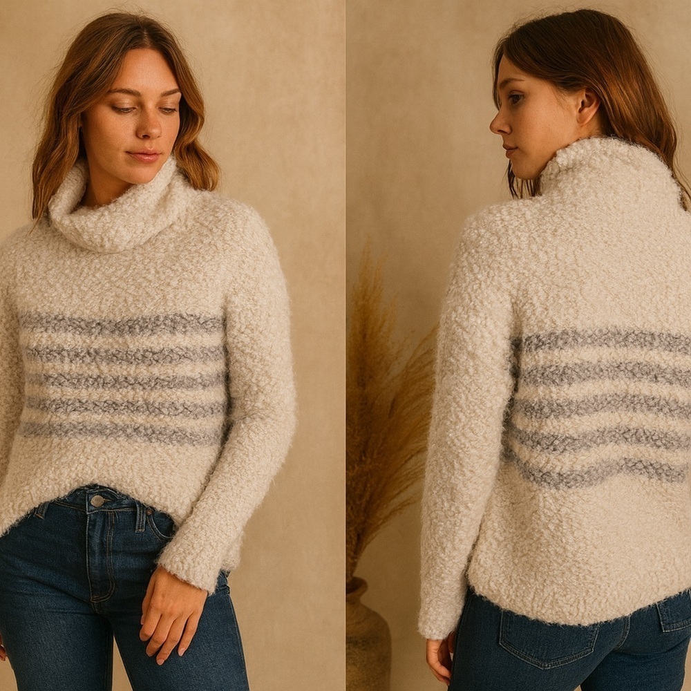 Lovestitch Ivory Gray Striped Cowl Neck Cozy Sweater Medium
